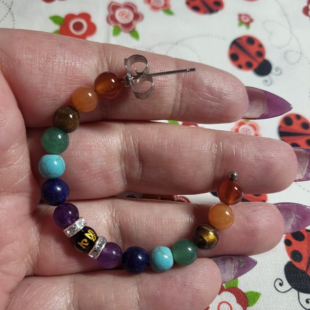 Multi Gemstone Beaded J-Hoop Chakra Stainless Steel Earrings - Picture 4 of 4